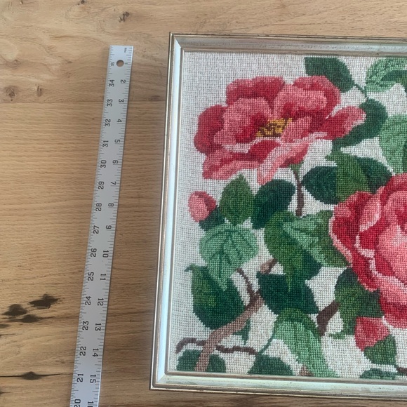 Needlework Pink Green Roses Gold Framing 15” x 15” Preloved - Picture 3 of 7